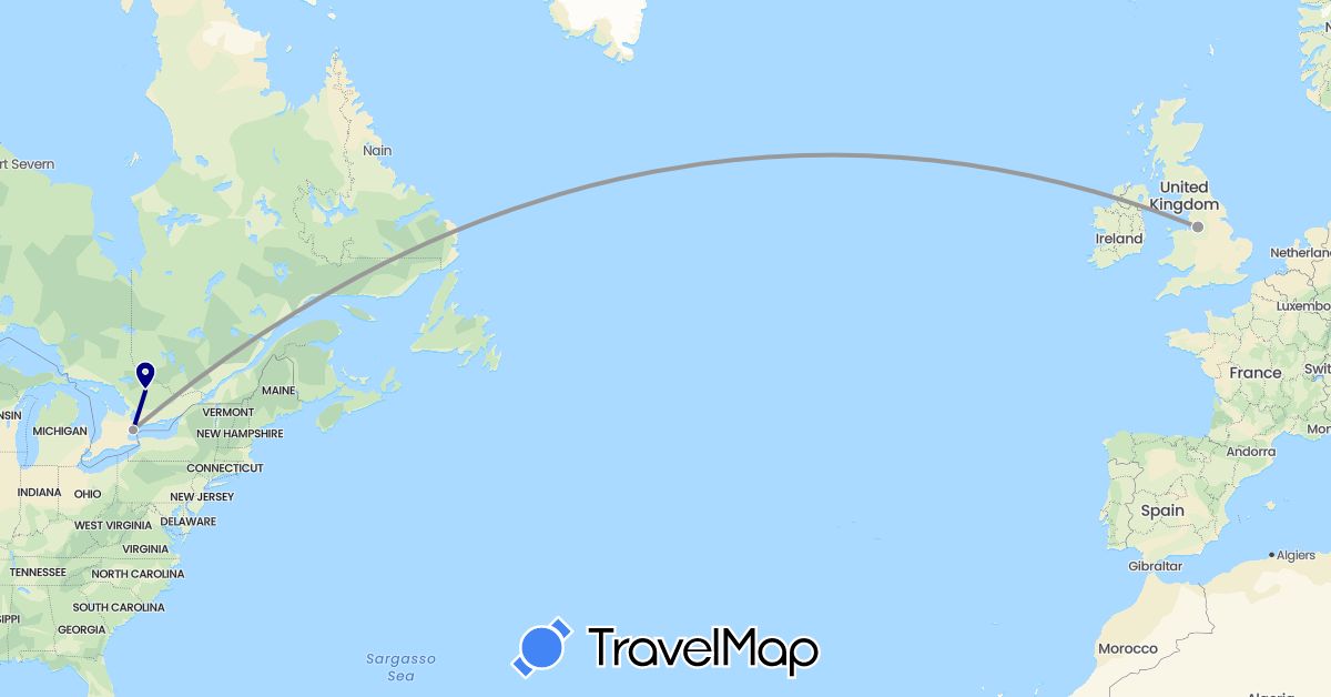 TravelMap itinerary: driving, plane in Canada, United Kingdom (Europe, North America)