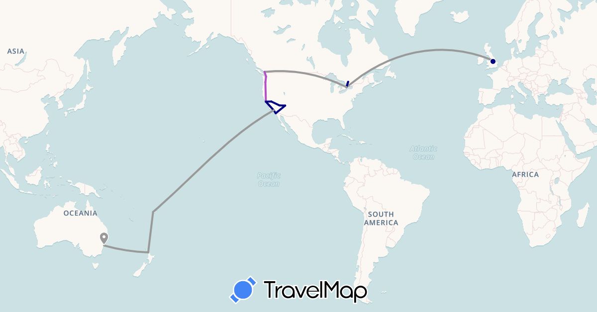 TravelMap itinerary: driving, plane, train in Australia, Canada, Fiji, United Kingdom, New Zealand, United States (Europe, North America, Oceania)